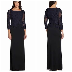 Navy Blue Ball Gown 3/4 Sleeve Embroidered Dress
